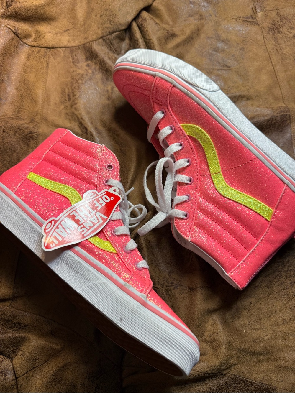 72. Vans Pink Glitter Sk8-Hi Sneakers with Yellow Side Stripe